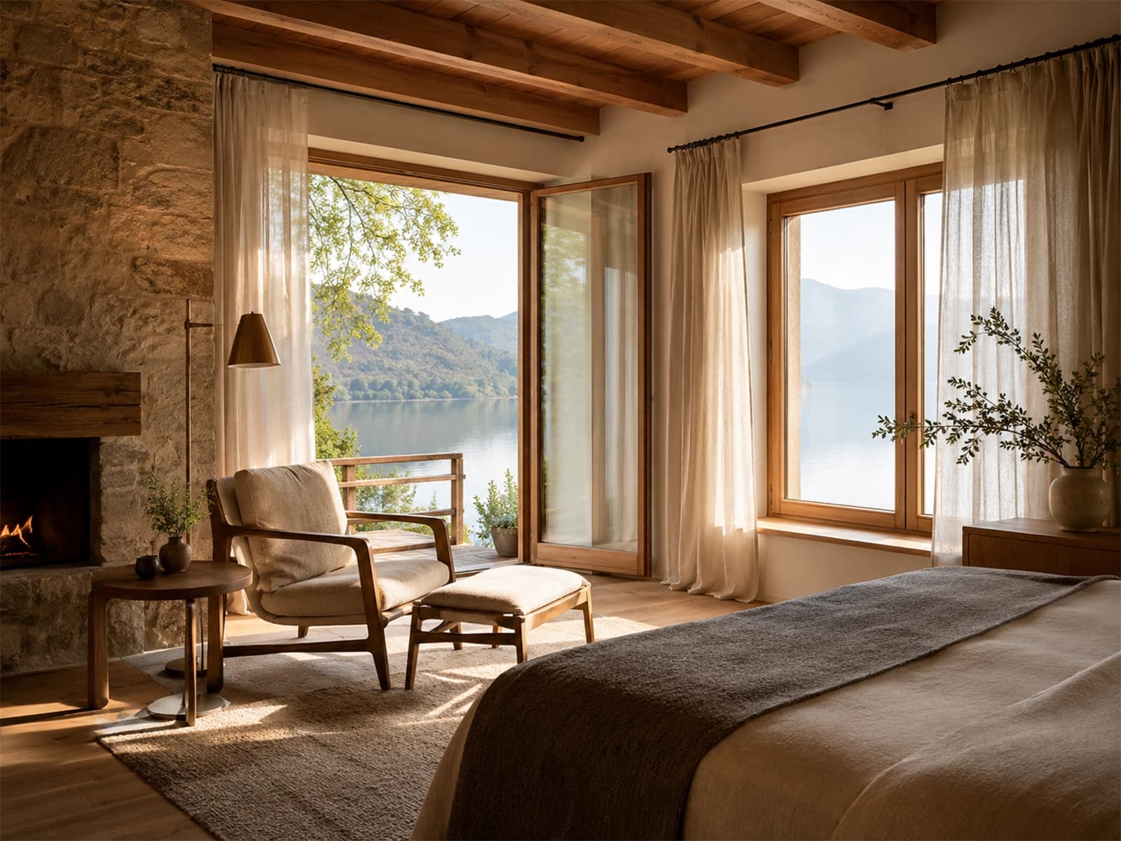 Helles Schlafzimmer mit warmem Morgenlicht, Leinen und Naturholz